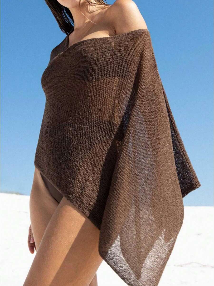 Women Asymmetrical Knit Poncho Knitted Wrap Shawl Sweater Knitted Crochet Fall Cape Top - 淺棕 - 查看 1