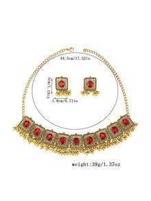 Vintage European Palace Exotic Bohemian Rhinestone Hollow Square Sparkling Necklace, Teardrop Beaded Unique Tassel Earrings, Exaggerated Fashion Party Banquet Bridal Jewelry 3-Piece Set - 9-piece Oval Necklace Set - View 7