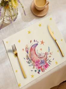 1 pièce Napperon en lin imprimé avec lampe à huile de lune - Tapis de table décoratif de style occidental, résistant à la chaleur/brûlure et antidérapant, idéal pour les tasses à café/thé, bols et vaisselle, parfait pour le dîner à la maison, le thé de l'après-midi, les dîners entre amis, l'utilisation dans un café et la décoration de la table de cuisine - Multicolore - Voir 13
