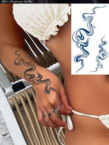 1 Peça Tatuagem Temporária Fashionable de Estrela e Lua em Aquarela, Adesivo de Arte Corporal Unissex, Adequado para Pernas, Peito, Abdômen e Costas, Fácil de Aplicar e Remover, Dura 7-14 Dias, Presente DIY - Azul - Visão 4