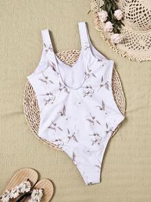 Women's Sexy Backless V-Neck One-Piece Swimsuit With Floral Print Belted Detail Medium Stretch Knitted Fabric Beachwear Elegant Casual Bikini - White - View 2