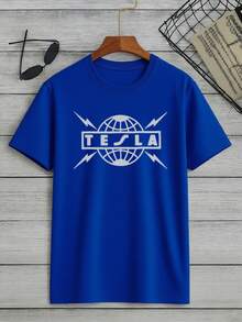 PLUS SIZE Electric Tesla Logo Tee Fashion Print T-Shirt , Men's 220g New Summer Sports Fashion Printed Pure Cotton Short-Sleeved T-Shirt(1 PC) - Blue - View 1