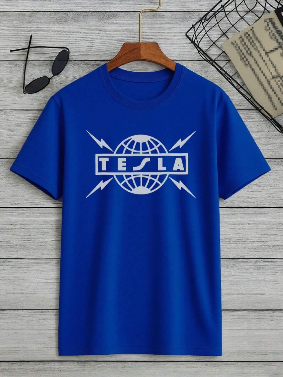 PLUS SIZE Electric Tesla Logo Tee Fashion Print T-Shirt , Men's 220g New Summer Sports Fashion Printed Pure Cotton Short-Sleeved T-Shirt(1 PC) - Blue - View 1