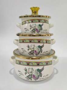 3pcs 12-16cm Thick Gold-Rimmed Enamel Mini Double-Ear Ramen Bowl/Pot/Casserole, Suitable For Gas Stove/Induction Cooker, Fit For Baby, Adult, Child, Can Be Used As Food Pot, Soup Pot, Seafood Pot, Ramen Pot, Great Helper For Valentine's Day, Ramadan, Eid Al-Fitr, Back To School, Easter Cooking