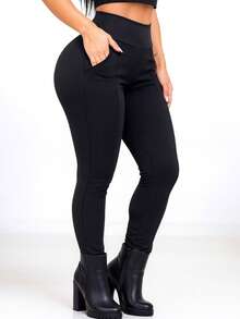 Women's Riding Leggings In Flannel-Lined Spandex With Pockets And High Waist - 黑色 - 查看 4