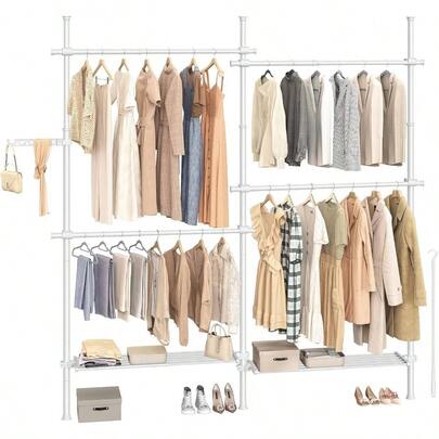 ハンガーラック ツッパリ式 伸縮式ランドリーラック 2列 洋服掛けスタンド 室内・ベランダ物干しラック 横162 - 238cm、縦208 - 310cm 衣類収納 鞄掛け L字型設置可能 ホワイト HSR154W01