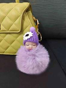 1个卡通钥匙扣，人造毛皮材质，圆形金属设计，女士装饰钥匙圈，带扣，适合装饰包包和车钥匙，情人节完美礼物，单包装