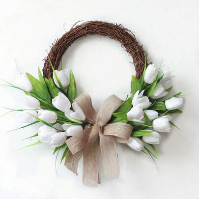 Artificial Tulip Wreath For Front Door Bow Faux Flower Hanging Decorations For Home Holiday Party