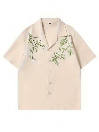 Men's Casual Embroidered Shirt, Floral & Leaf Embroidery Pattern, Young & Fashionable, Retro, Suitable For Daily Outings