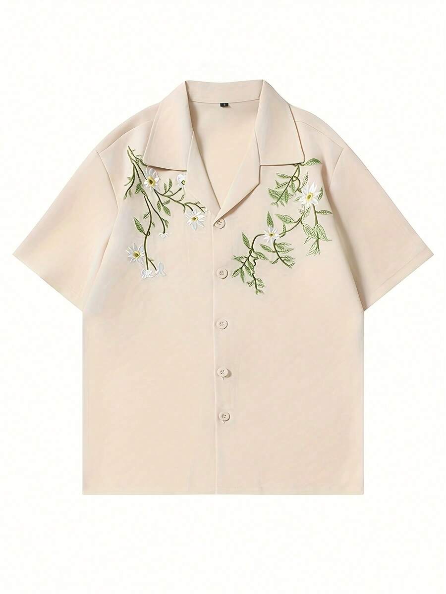 Men's Casual Embroidered Shirt, Floral & Leaf Embroidery Pattern, Young & Fashionable, Retro, Suitable For Daily Outings - 杏色 - 查看 1