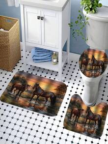 Juego de 1/4 piezas de cortina de ducha con patrón creativo de caballo bebiendo agua al atardecer, que incluye alfombra antideslizante, tapete de inodoro, alfombra de baño, cortina de ducha opaca y 12 ganchos resistentes, decoración y accesorios de baño de alta calidad, adecuados para todos los estilos de decoración del hogar - Multicolor - Ver 9