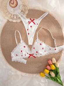 1 conjunto lencería sexy con encaje rojo efecto parche con corazón y fresa, incluye sujetador y tanga - Blanco - Ver 5