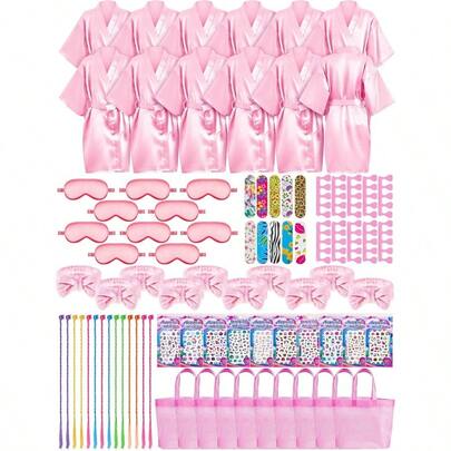 Xuhal 92 Pcs Spa Party Favors For Girls Slumber Party Supplies Satin Robes Sleepover With Gift Bags For Girl Birthday Gifts Total 10 Sets Pink8