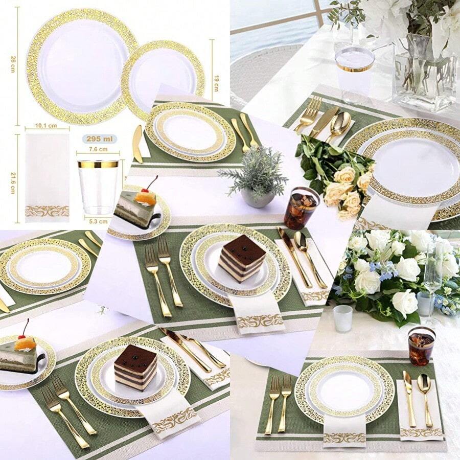 Vajilla Elegante Reutilizable Color Oro 175 piezas: 50 platos orilla dorada 25 cucharas 25 tenedores 25 s 25 vasos 25 servilletas 25 invitados - BlancoconOro - Ver 1