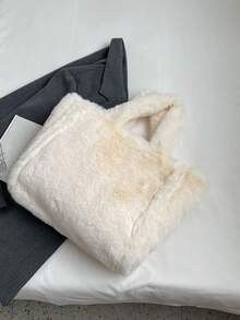 New Autumn Beige Large Capacity Plush Tote Bag, Fashion Minimalist Design Women's Shoulder Bag For Students, Daily Commute - Beige - View 8