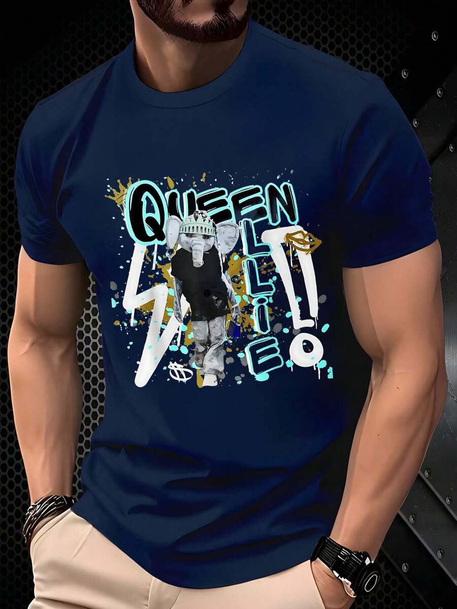 Men's Crew Neck T-Shirt With Queen Life Graphic Print, Lightning Bolt And Dollar Symbol, Versatile Casual Top For All Seasons, Suitable For Leisure And Sportswear, Fashion Gift - 藏蓝色 - 查看 1