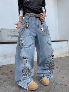 1件男士美式街头风刺绣做旧阔腿牛仔裤，宽松休闲舒适学院风毛边裤脚百搭牛仔裤（不含腰带或配饰） - 藍色 - 查看 4