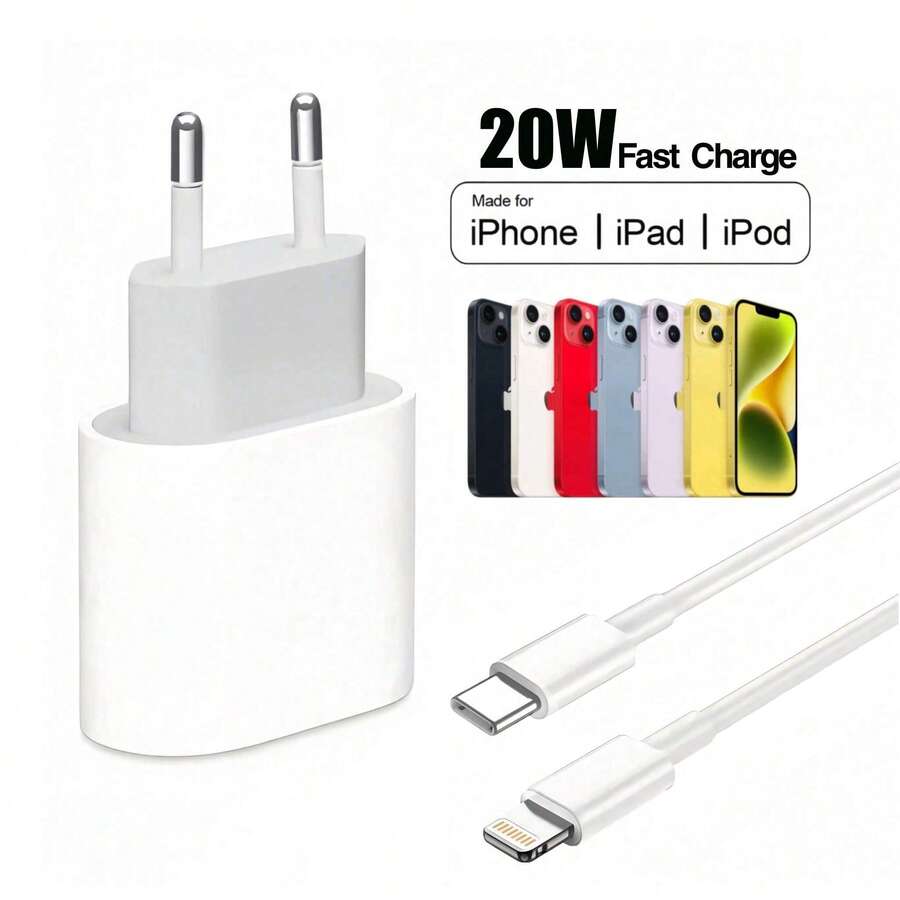 20W USB-C Wall Charger, Compatible With Fast Charging, Includes 100cm/3.3ft USB-C To Lightning Charging Cable, Compatible With IPhone 14/Plus/13/12/11/Pro Max/Mini/IPad, Christmas/Household Gift Phone Charger High Output Power - EU C Type Plug(220-240V) - View 1