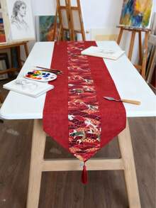 1件中国新年优雅红色桌旗，带流苏，锦鲤图案，传统中式提花织锦桌布，适用于餐厅、派对、节日家居装饰、厨房装饰、春季餐桌装饰 - 彩色 - 查看 7