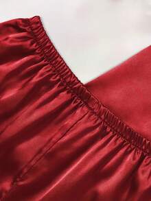 2pcs Satin Pajama Set, Short Sleeve Lapel Top & Shorts, Solid Color Pajama Set For Women, Spring/Summer Casual Sleepwear Loungewear - Red - View 4