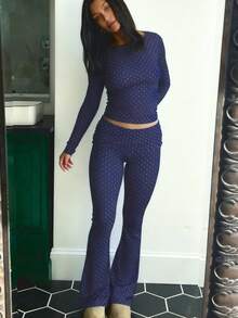 Conjunto Para Mujer Polka Dots Long Sleeve Crewneck Tee Tops And Fold Over Elastic Waist Pants Set Spring Lounge Outfit - 藍色 - 查看 1