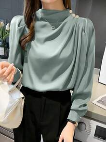 Women Spring/Autumn Casual Loose Commuting Mini Stand Collar Pleated Design Princess Sleeve Long Sleeve Blouse