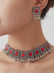 Vintage European Palace Exotic Bohemian Rhinestone Hollow Square Sparkling Necklace, Teardrop Beaded Unique Tassel Earrings, Exaggerated Fashion Party Banquet Bridal Jewelry 3-Piece Set - 9-piece Oval Necklace Set - View 5