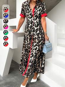HUTENER Leopard Print Color Block Short Sleeve Dress With Turndown Collar, For Women, Spring/Summer - Volcanic Gray - View 1