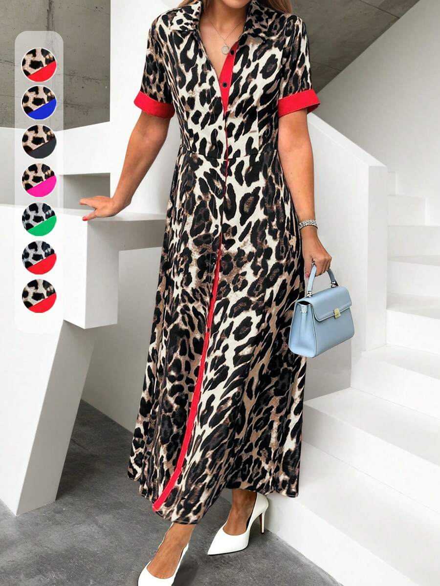 HUTENER Leopard Print Color Block Short Sleeve Dress With Turndown Collar, For Women, Spring/Summer - Volcanic Gray - View 1