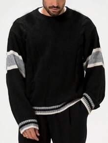 Áo len dệt kim tay dài màu trơn cổ tròn cỡ lớn dành cho nam vào đầu thu - màu đen - Xem 1