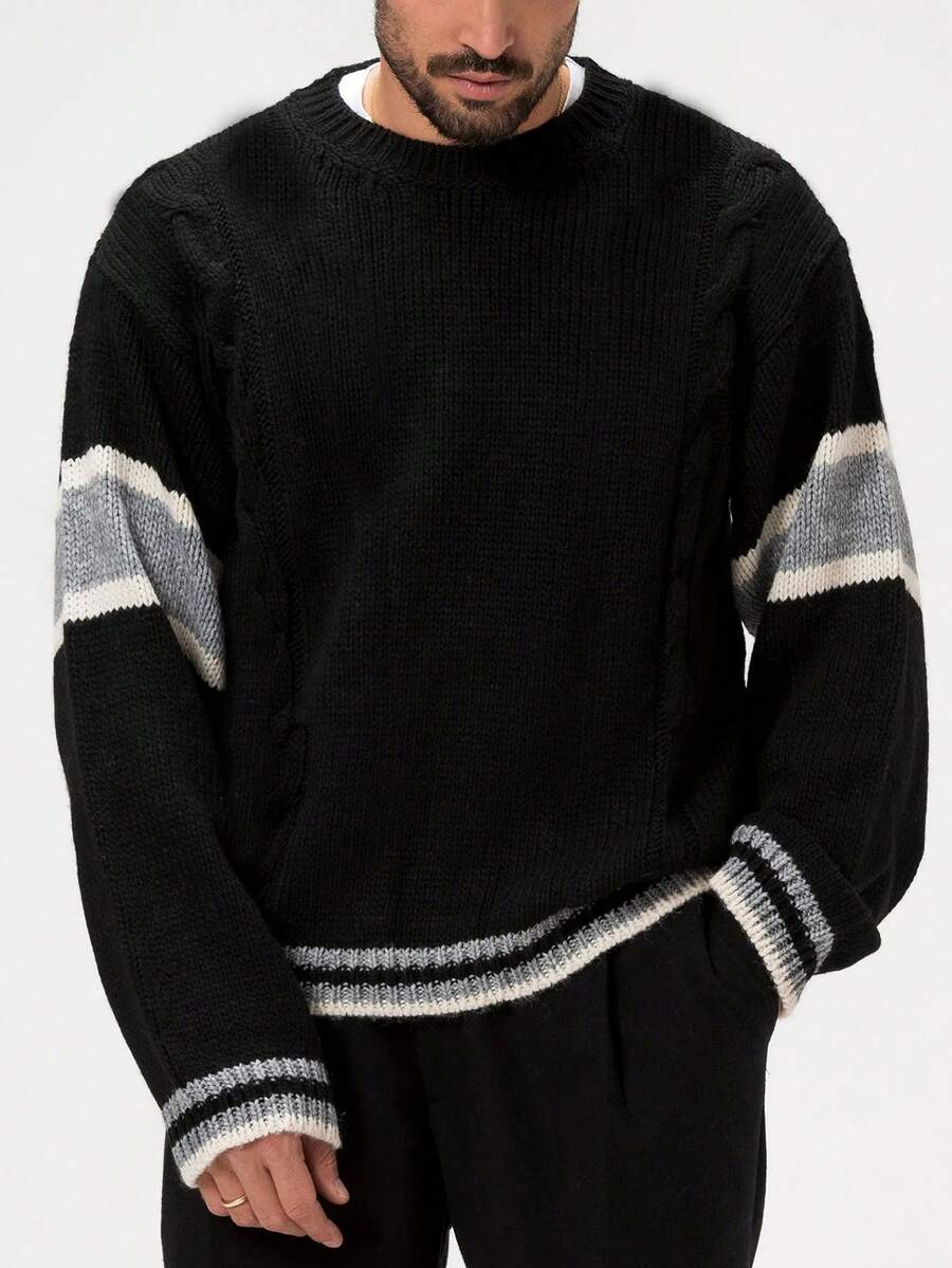 Áo len dệt kim tay dài màu trơn cổ tròn cỡ lớn dành cho nam vào đầu thu - màu đen - Xem 1