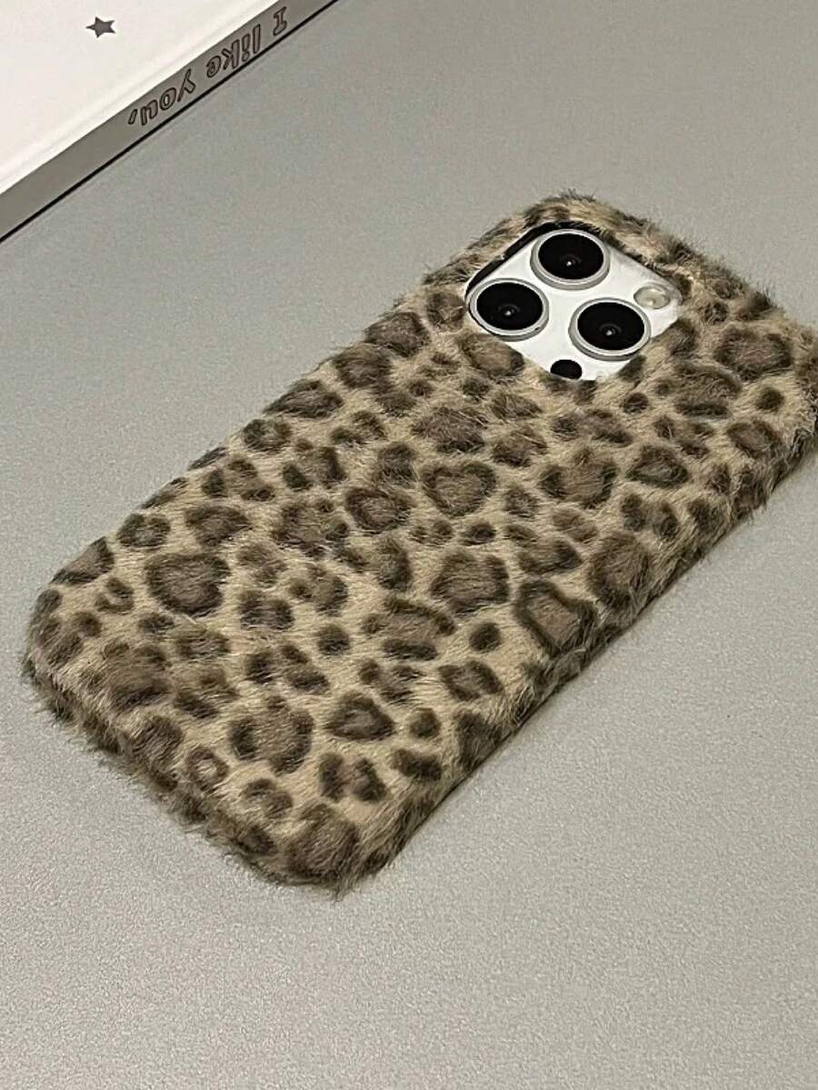 韩版豹纹毛绒手机壳，兼容 17 Pro Max、Apple 16、个性化创意 16 Pro、全包式 14 Pro、防摔 13 保护套，秋冬款 - 棕色 - 查看 1