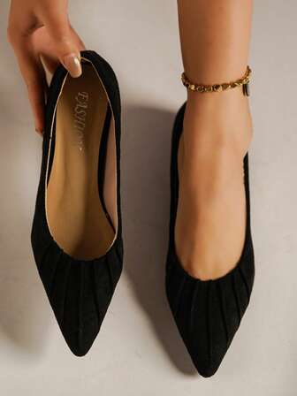 Women's New Wedge Heel Pleated Pointed Toe Elegant Commuter Business Style Slip-On Shoes, Khaki Suede, Comfortable & Versatile For Party, Holiday, Office