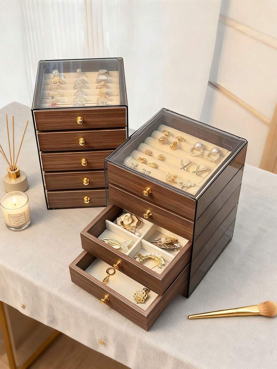 1 hộp đựng trang sức 5/3 tầng đứng độc lập có nắp, ngăn kéo màu vàng - Hộp đựng sang trọng màu nâu phong cách Châu Âu, thích hợp đựng vòng cổ, vòng tay, hoa tai, nhẫn - Hộp chống bụi và chống trầy xước, chắc chắn và bền, thích hợp sử dụng tại nhà.