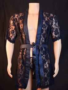 Men's Sexy Bathrobes, Lace See-Through 2-Piece Set, Valentine's Day Gifts, Date Outfits - 黑色 - 查看 2