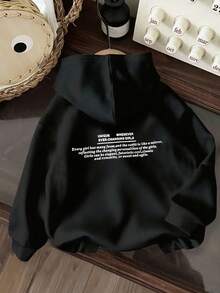 Plus Size Women's Graphic Print Sweatshirt, Stylish Streetwear Design With Drawstring Hood, Pockets, Long Sleeves, Knit Fabric Casual Black - Black - View 1