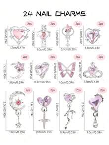 24件套粉色美甲装饰套装，合金3D奢华水晶心形，银色星星月亮流苏金属链美甲配件美甲用品 - 淺粉色 - 查看 2