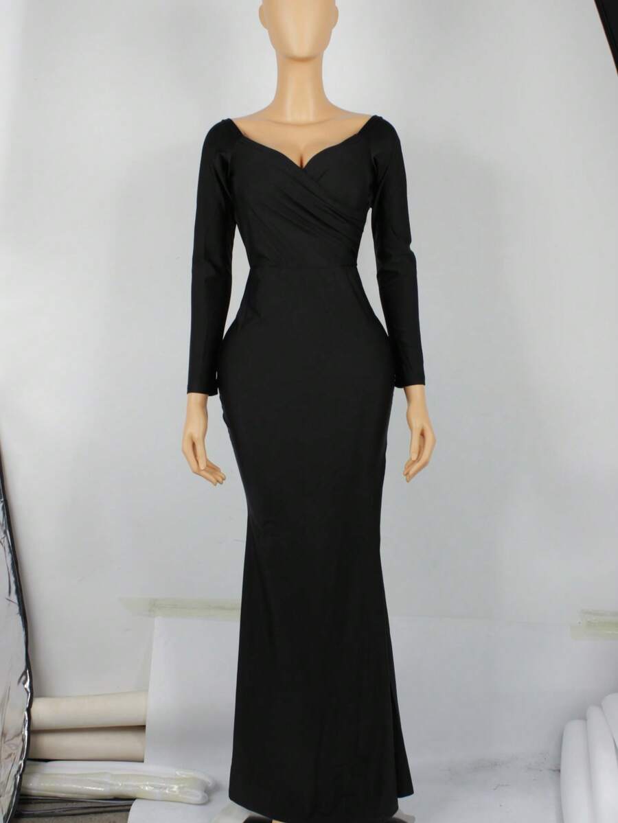 Vestido largo de fiesta negro sin tirantes de manga larga y sexy para mujer, de verano - Negro - Ver 1