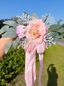 莲花汽车装饰，丝带花卉新娘摄影道具，车门把手后视镜装饰，婚礼走道椅背花卉布置 - 彩色 - 查看 14
