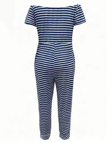 女士条纹露肩短袖系腰休闲连体裤 夏季优雅 - 藍白色 - 查看 3