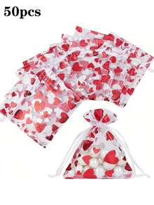 50pcs Heart-Shaped Organza Gift Bags With Drawstring - Perfect For Jewelry, Cosmetics And Valentine's Day Gifts, Suitable For Christmas