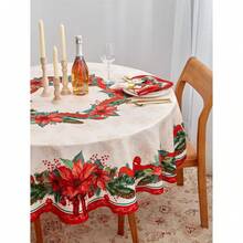 Poinsettia Tablecloth 70 Inch Round - Christmas Fabric Table Cover For Holiday Dining, Xmas Party Decorations, Winter Table Setting, Red Floral Design - Multiwarna 53 - View 5