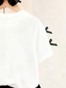 Young Girl Bow Embroidered Graphic Round Neck Short Sleeve Top And Skirt Set - White - View 5