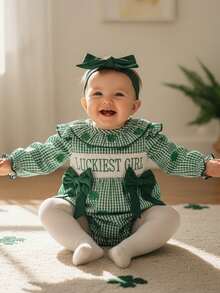 St Patricks Day Baby Girl Outfit Shamrock Embroidery Plaid Print Long Sleeve Smocked Bubble Romper With Headband - 綠色 - 查看 4