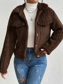 Novedades otoño/invierno para mujer chaqueta casual , sensual y elegante para el día a día Ideal para salidas, vacaciones, reuniones y festivales Cálido, resistente al viento y al frío Perfecto para Año Nuevo, Navidad, Halloween y San Valentín Cazadora con diseño de solapa con botón delantero de franela - Café integral - Ver 4