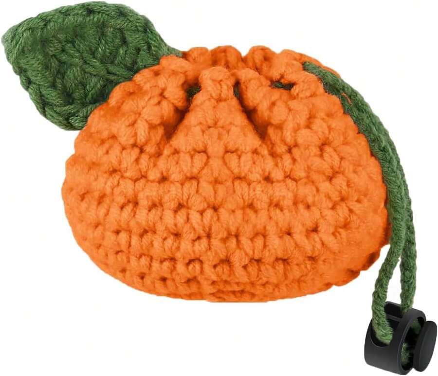 Cute Orange Crochet Coin Purse, Mini Tangerine Shaped Drawstring , Handmade Cotton Small Pouch, Crochet Wallet For Women , Gift Storage For Coins Jewelry Earbuds - 橘色 - 查看 1