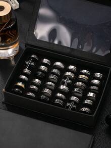 3/6/9/12/15/20 件时尚不锈钢深色风格男士戒指套装，包含铜币、蝙蝠、罗马数字、音符、星星和月亮、扭曲元素，适合日常佩戴、节日、订婚、婚礼、万圣节，款式和尺寸随机 - 黑色 - 查看 11