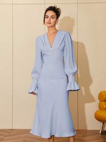 Đầm nữ màu trơn, nhẹ, cổ chữ V, tay dài, dáng đuôi cá, thanh lịch, thích hợp cho buổi tối, hẹn hò, du lịch, dự tiệc, kiểu abaya, công sở thường ngày. - Màu xanh nhạt - Xem 7