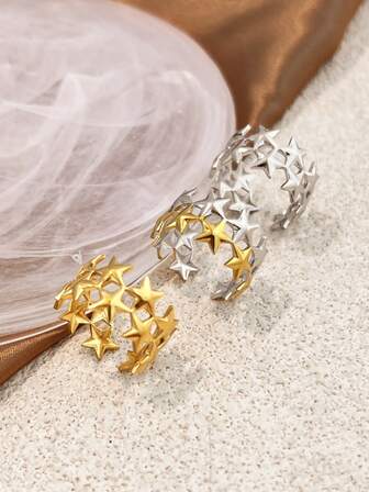 1pc Fashionable Women Ring, Stainless Steel Jewelry, 18K Gold Plated, Yellow Color, Ideal For Party, Creative Star Design, Adjustable Size, Suitable For Mother's Day, Teacher's Day, Valentine's Day, Elegant And Charming Jewelry Valentines