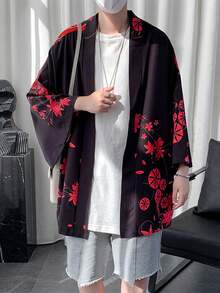 日式复古宽松七分袖印花和服罩衫，时尚百搭轻便外套，适合夏季海滩度假、泳衣罩衫、睡袍，传统日式风格 - 黑色 - 查看 1